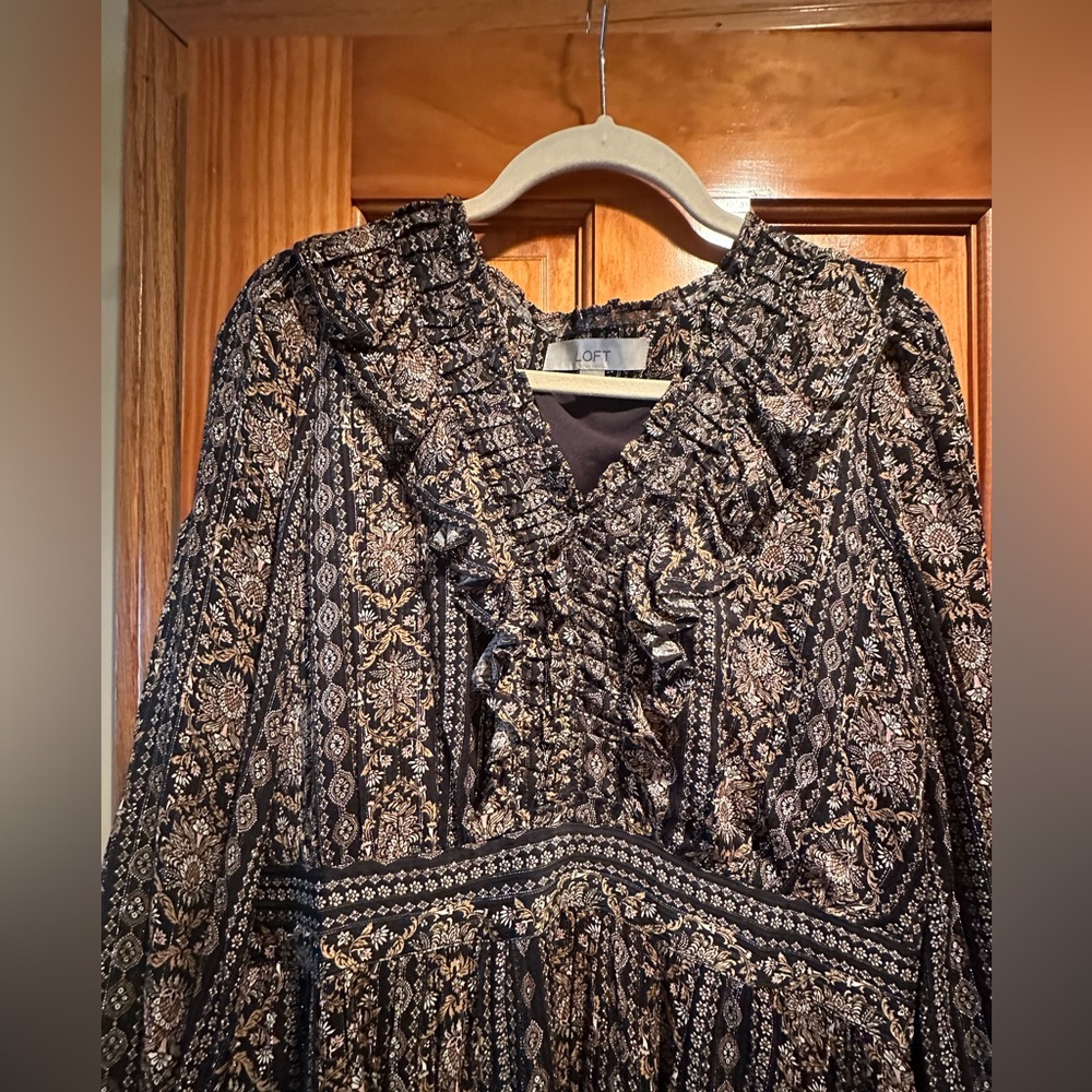 LOFT Black and Gold Patterned Dress